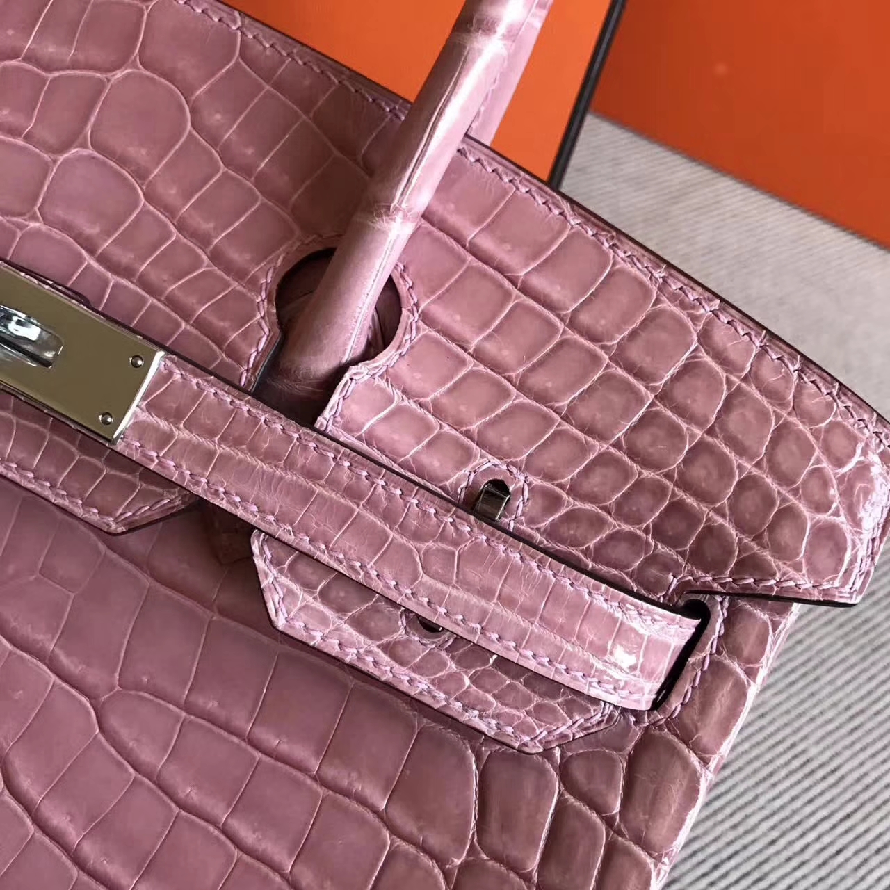 New Pretty Hermes 5Z Rose Indienne Crocodile Shiny Leather Birkin30 Bag