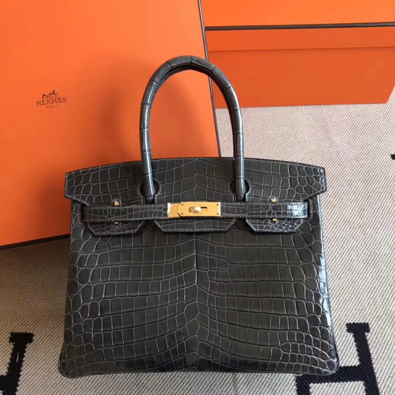 On Hermes Birkin 30cm Handbag in Ck88 Graphite Grey Crocodile Shiny Leather