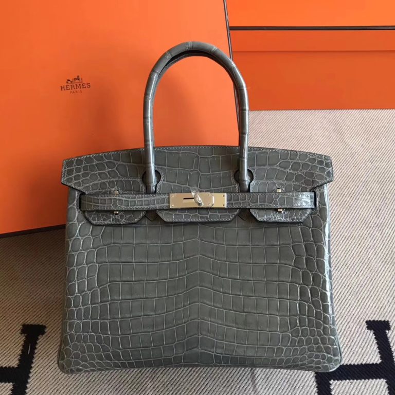 High Quality Hermes Mousse Grey Crocodile Shiny Leather Birkin Bag 30cm