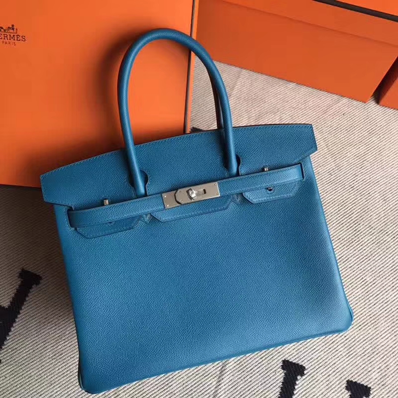 Wholesale Hermes 7W Blue Izmir Epsom Leather Birkin30cm Bag Silver Hardware