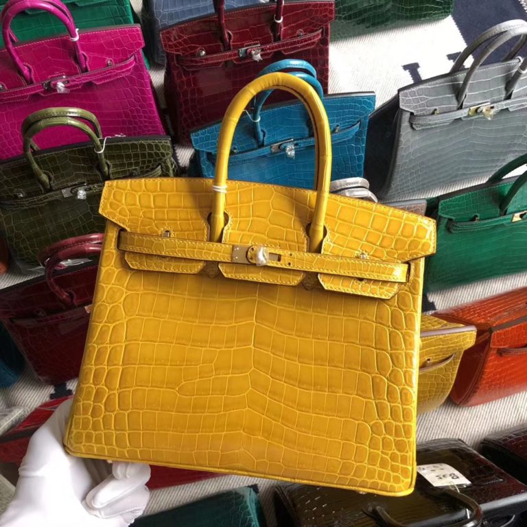Hermes Shiny Crocodile Birkin 25cm Bag in 9D Ambre Yellow Gold Hardware