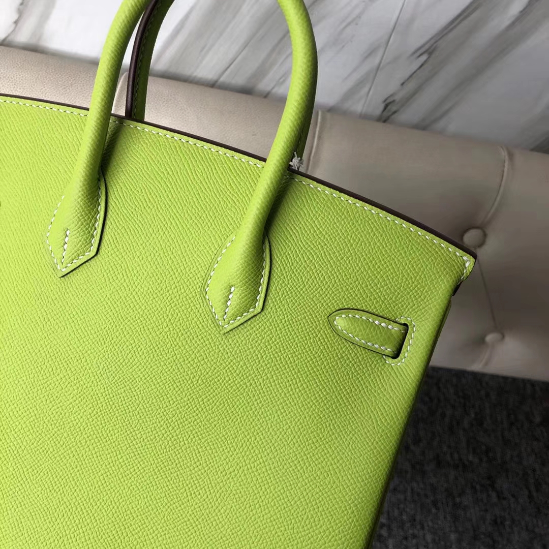 Stock Hermes 9R Apple Green Epsom Calf Birkin Bag25CM Silver Hardware