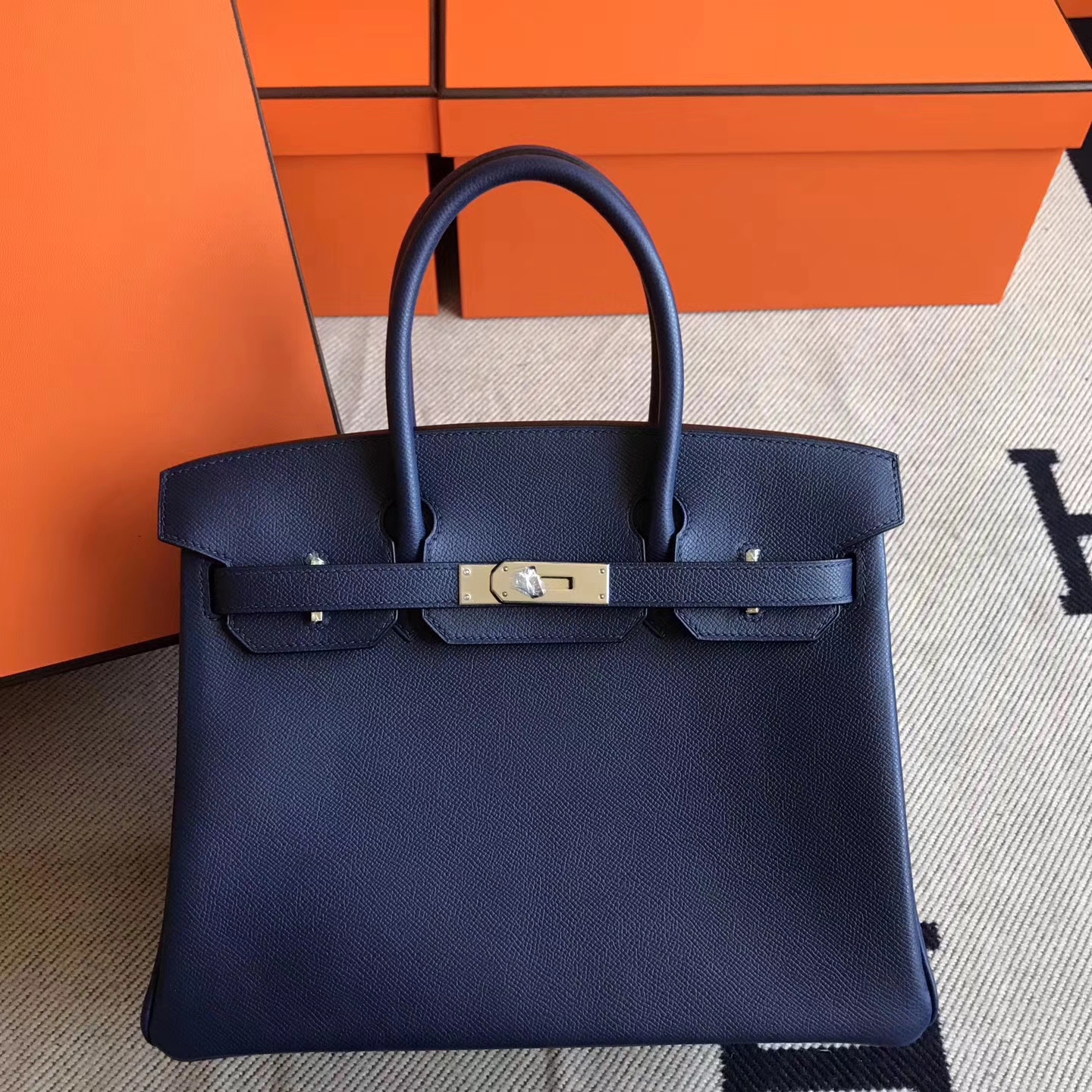 Luxury Hermes Epsom Leather Birkin30cm Bag in 7K Dark Blue