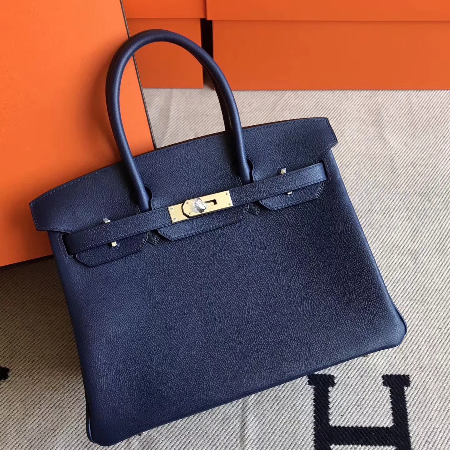 Luxury Hermes Epsom Leather Birkin30cm Bag in 7K Dark Blue