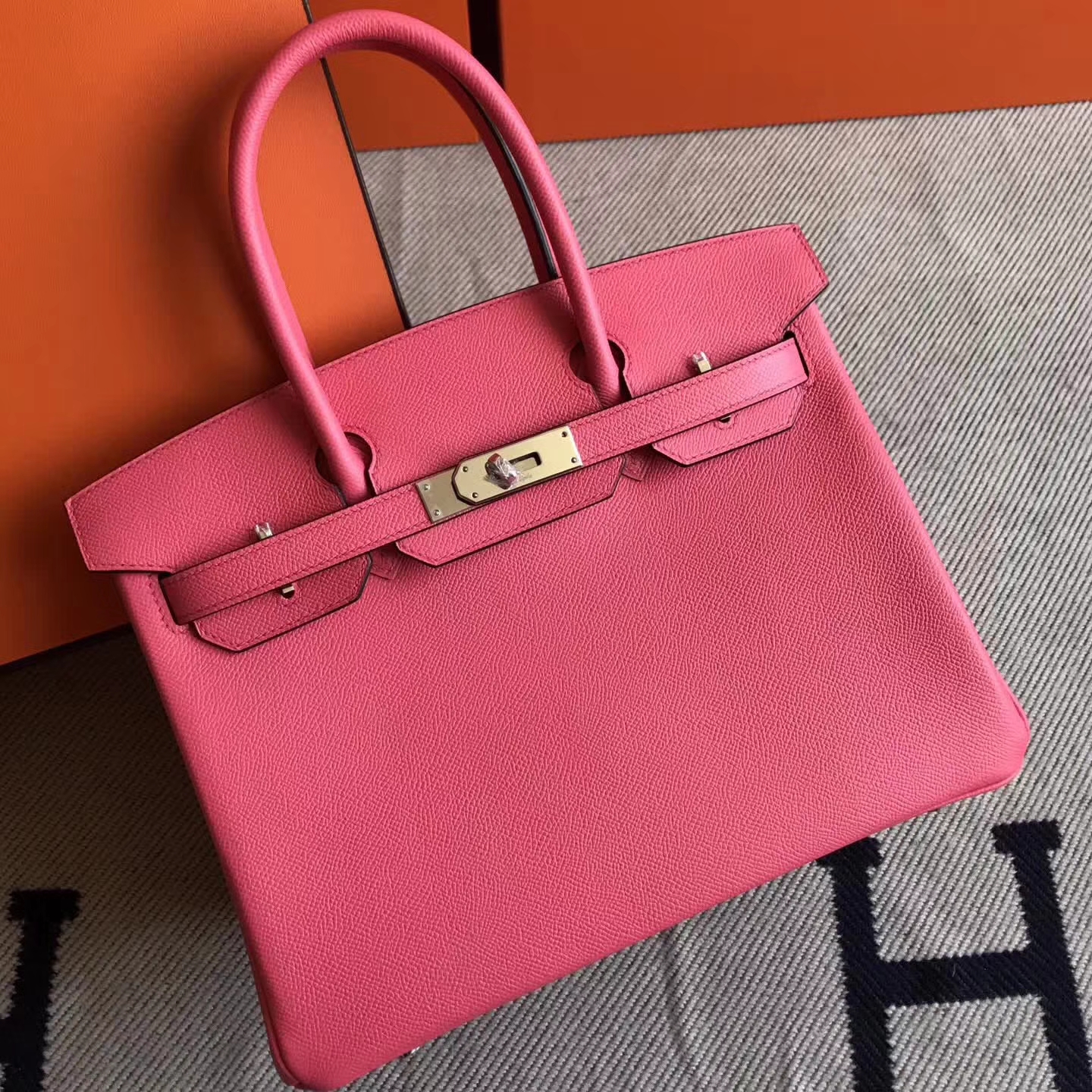 Fashion Hermes 8W Rose Lipstick Epsom Leather Birkin30cm Bag Silver Hardware