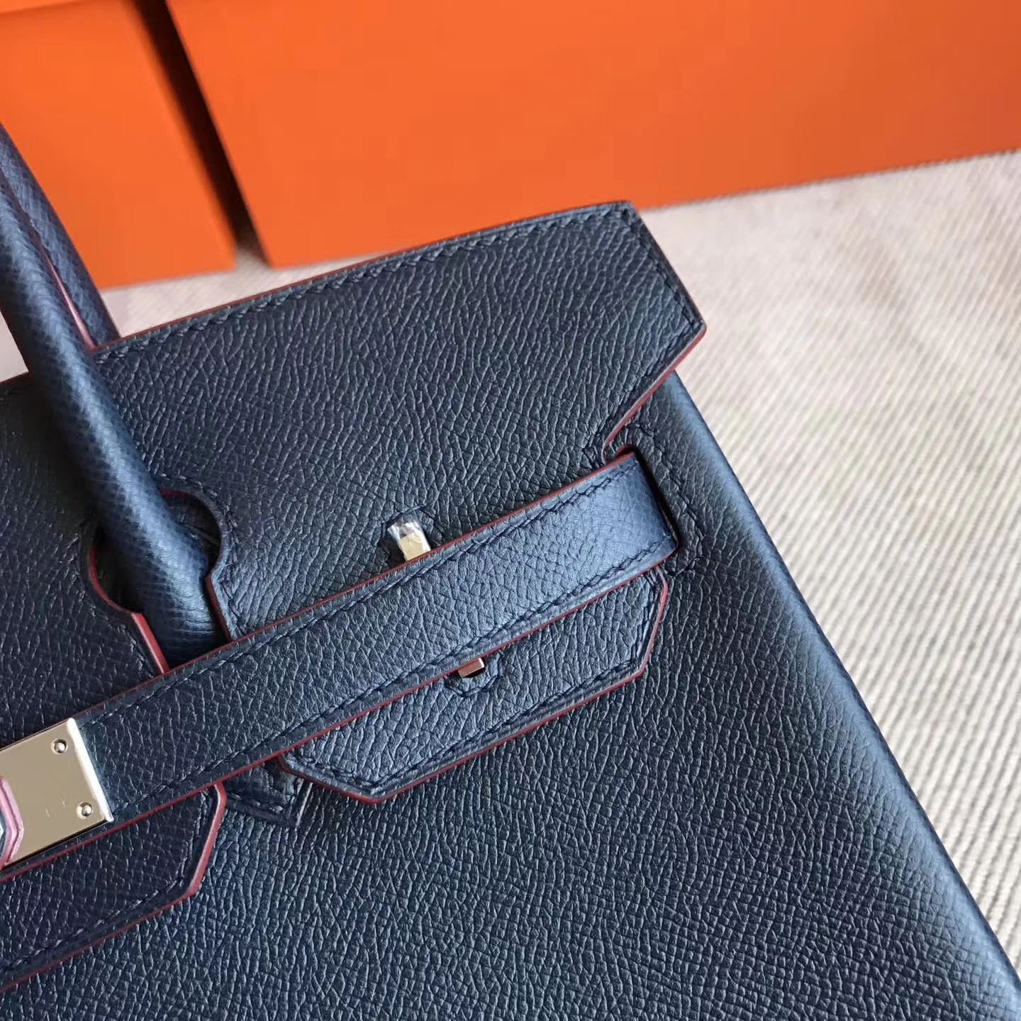 Noble Hermes 73Dark Blue Epsom Leather with Red Rim Birkin Bag30cm