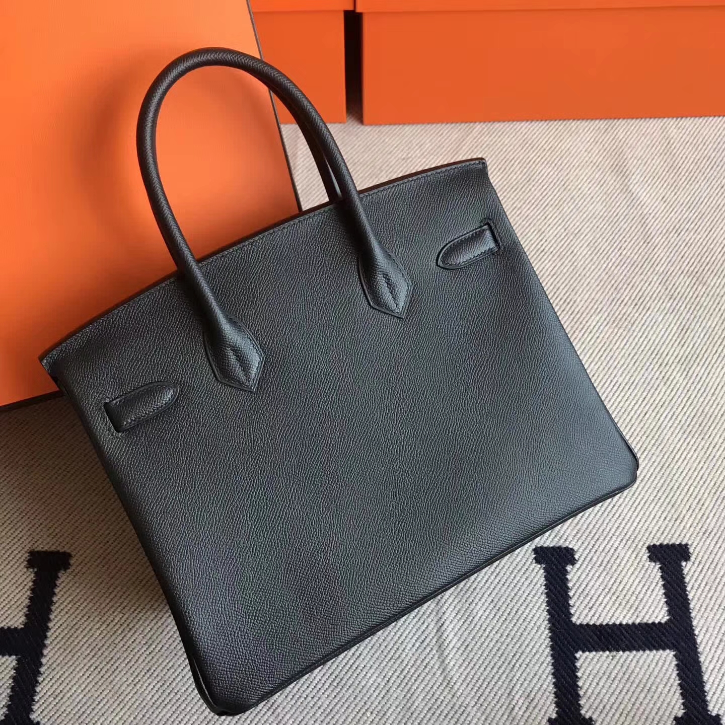 Fashion Hermes CK89 Black Epsom Leather Birkin30cm Tote Bag Gold  Hardware