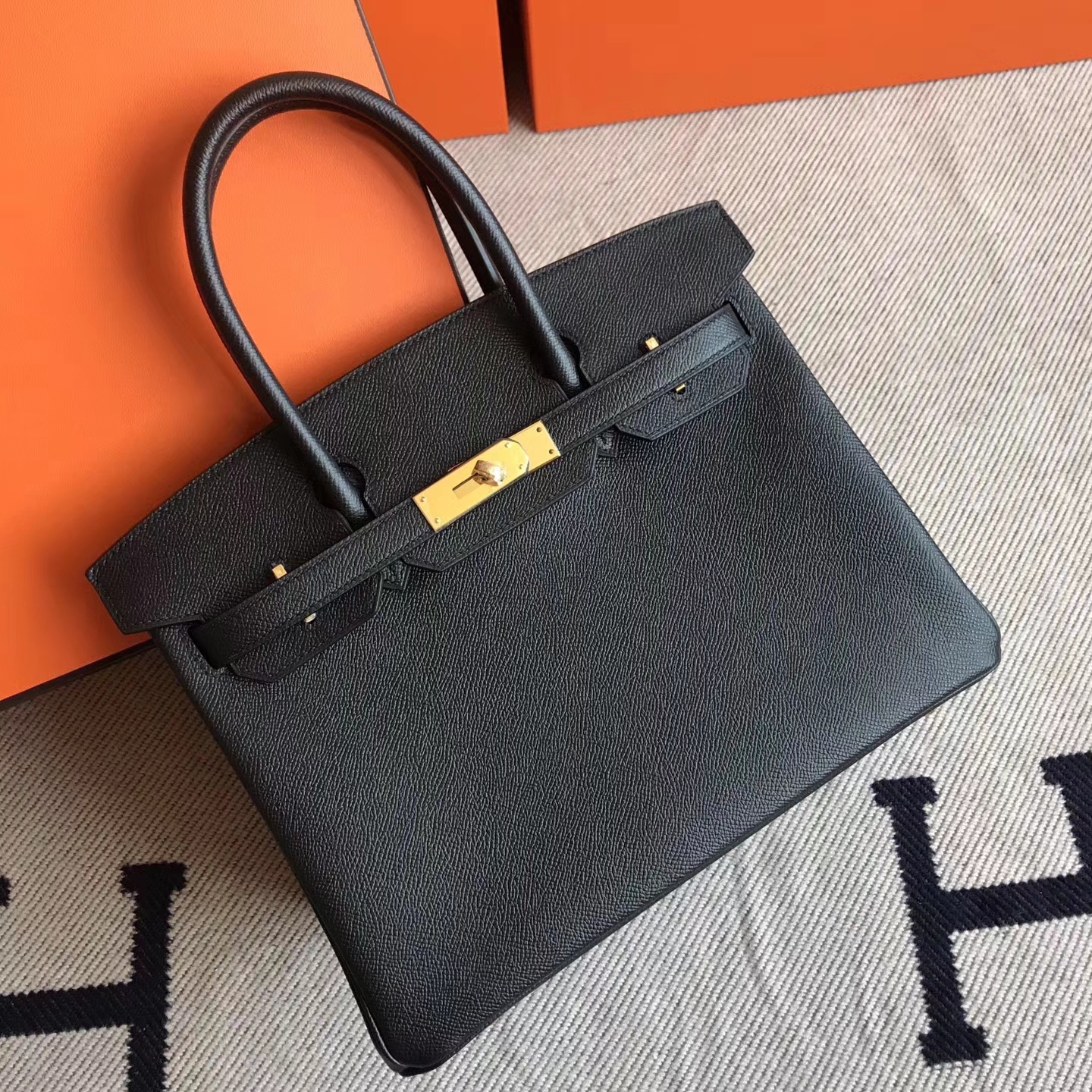 Fashion Hermes CK89 Black Epsom Leather Birkin30cm Tote Bag Gold  Hardware