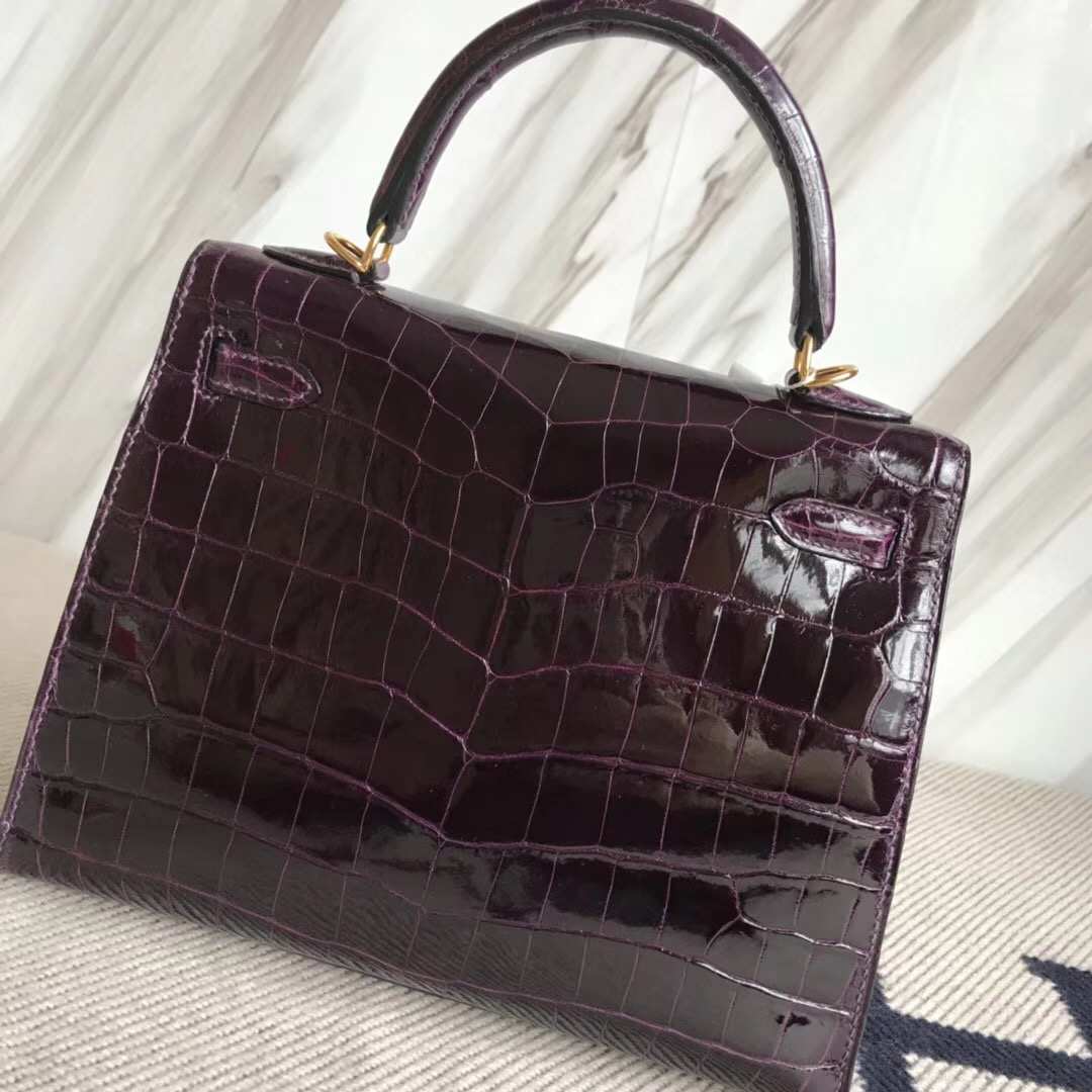 Sale Hermes 9G Amethyst Purple Shiny Crocodile Leather Kelly25cm Bag Gold Hardware