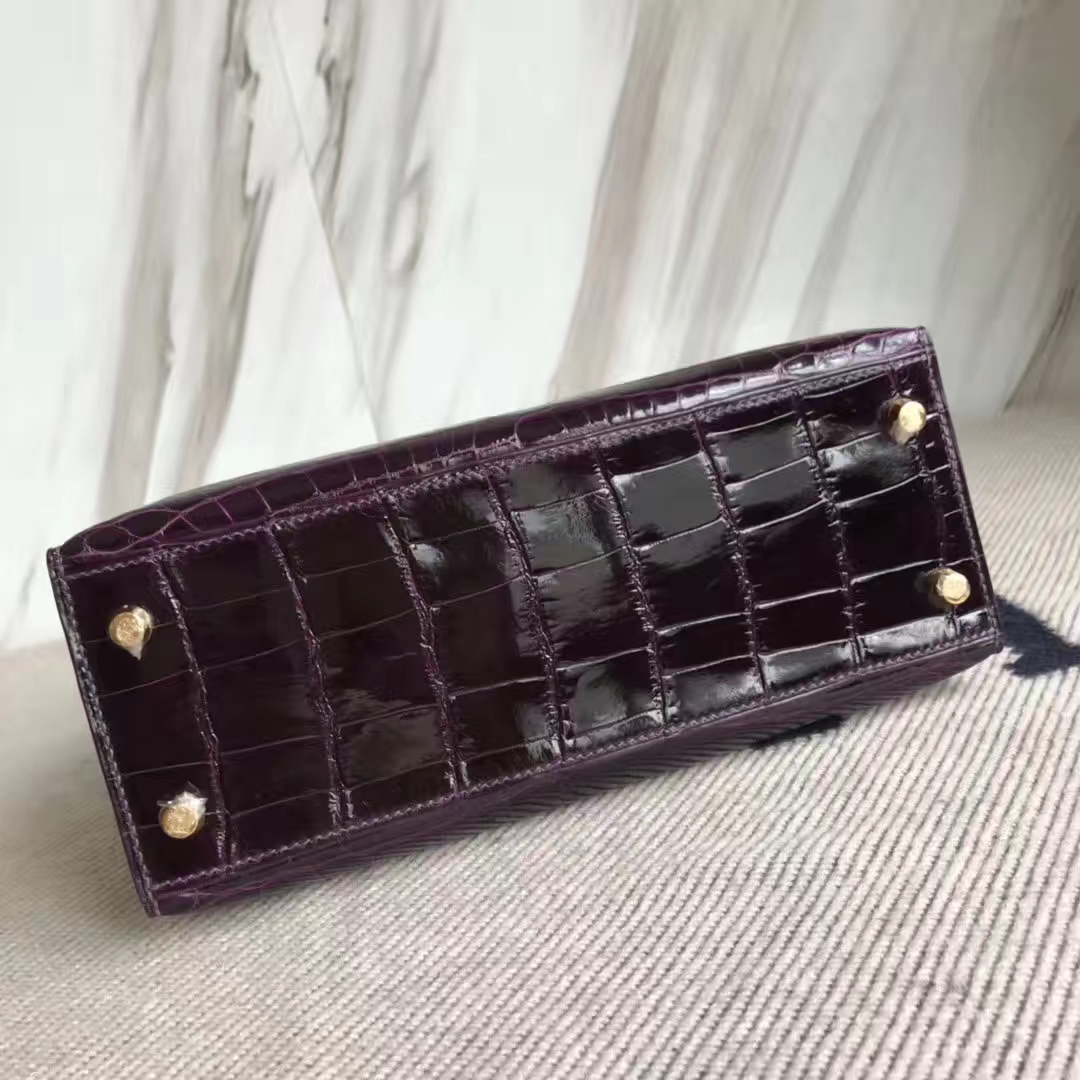 Sale Hermes 9G Amethyst Purple Shiny Crocodile Leather Kelly25cm Bag Gold Hardware