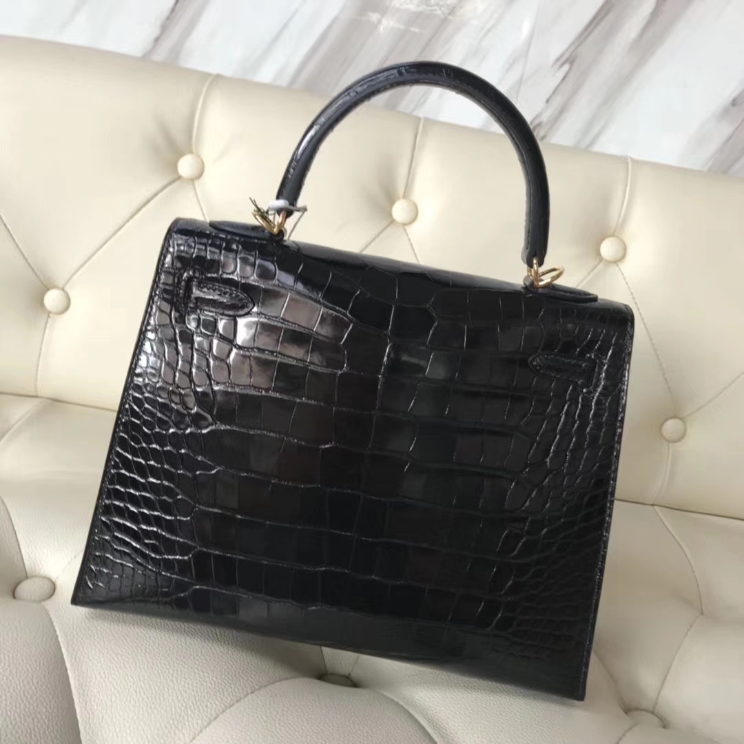 Wholesale Hermes CK89 Nior Shiny Crocodile Leather Kelly25CM Bag Gold Hardware