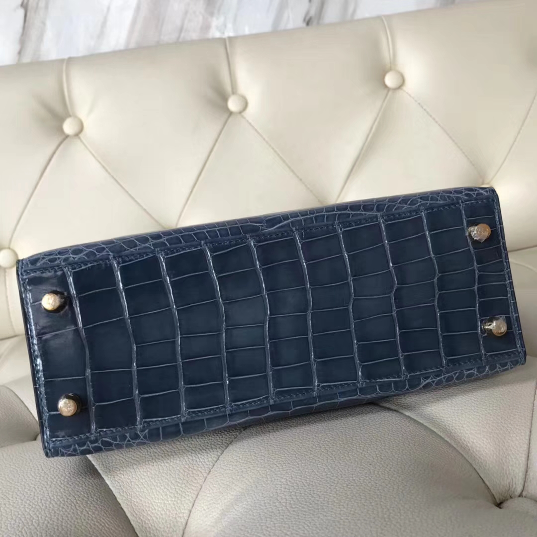 Noble Hermes Shiny Crocodile Kelly Bag25CM in 7N Blue Tampete Gold Hardware