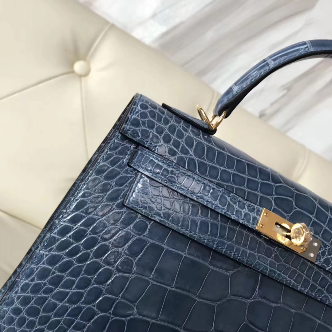 Noble Hermes Shiny Crocodile Kelly Bag25CM in 7N Blue Tampete Gold Hardware