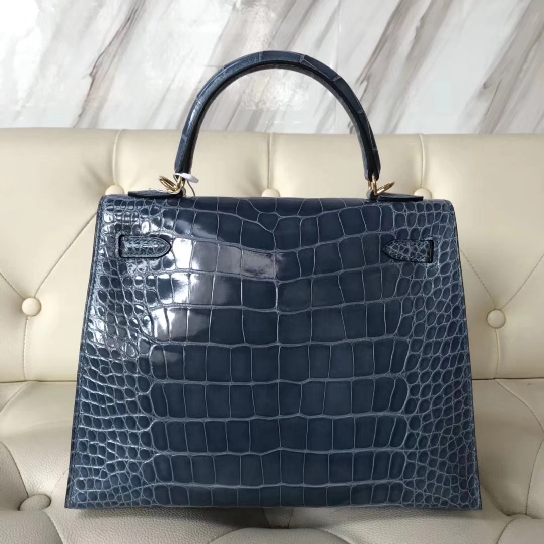 Noble Hermes Shiny Crocodile Kelly Bag25CM in 7N Blue Tampete Gold Hardware