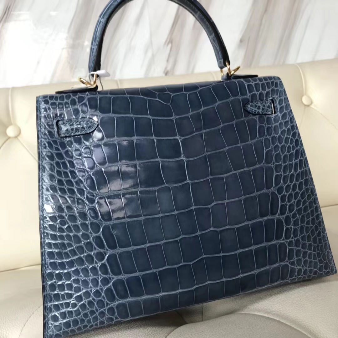 Noble Hermes Shiny Crocodile Kelly Bag25CM in 7N Blue Tampete Gold Hardware