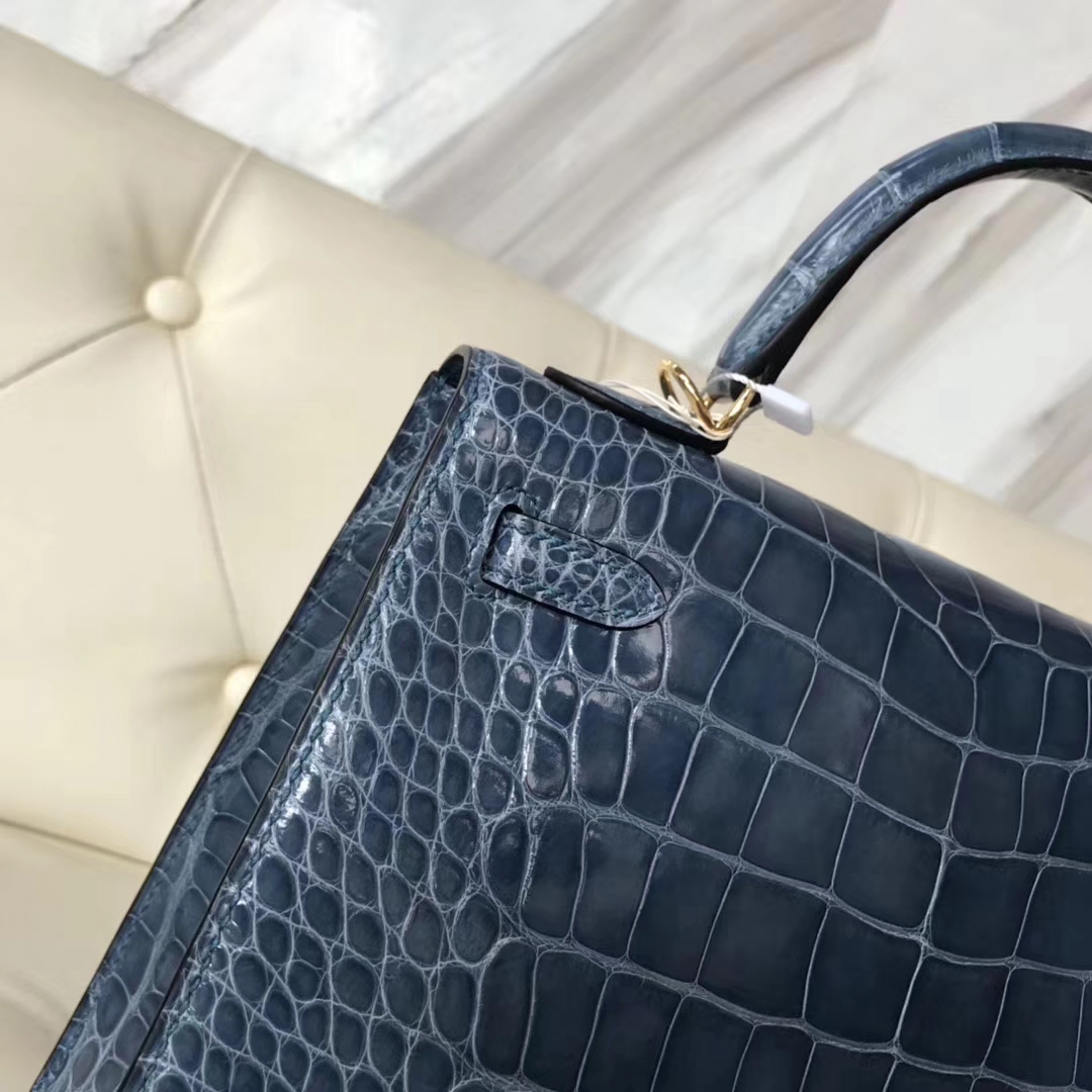 Noble Hermes Shiny Crocodile Kelly Bag25CM in 7N Blue Tampete Gold Hardware