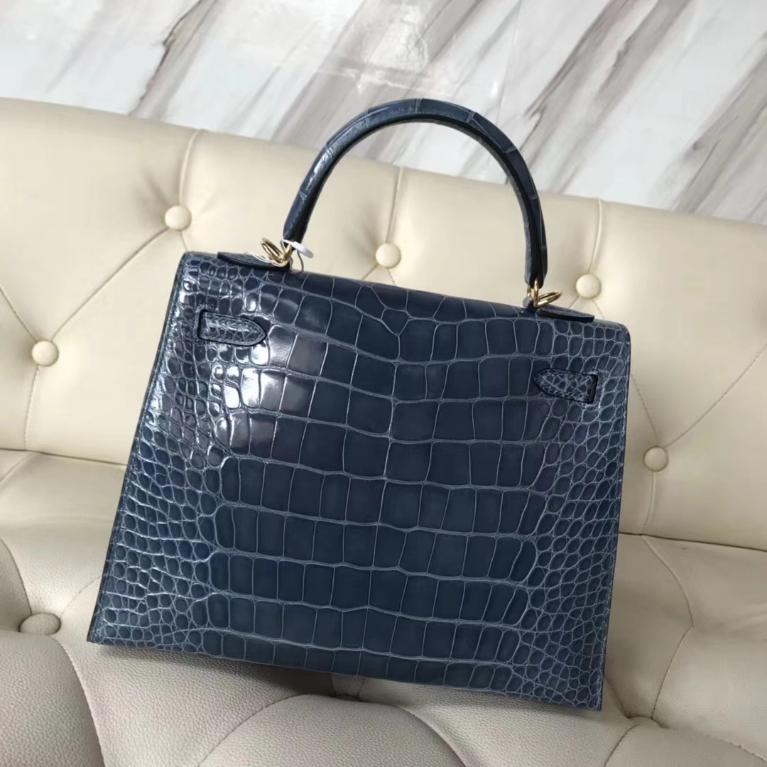 Noble Hermes Shiny Crocodile Kelly Bag25CM in 7N Blue Tampete Gold Hardware