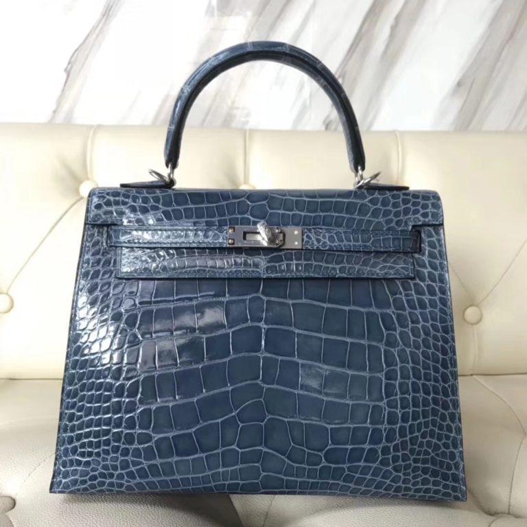 Hermes 7N Blue Tampete Shiny Crocodile Leather Kelly Bag 25CM Silver Hardware