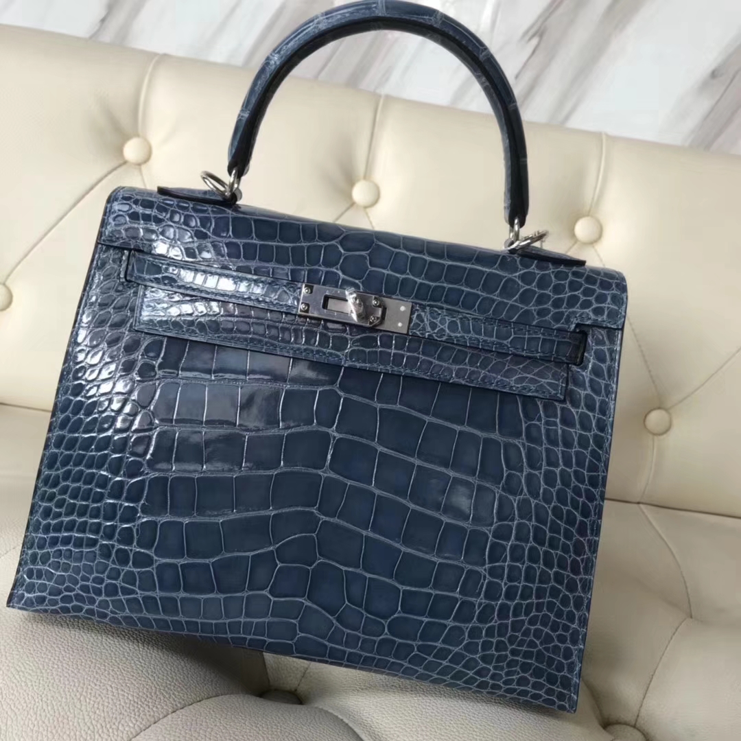 Wholesale Hermes 7N Blue Tampete Shiny Crocodile Leather Kelly Bag25CM Silver Hardware