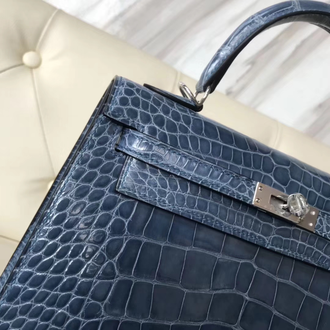 Wholesale Hermes 7N Blue Tampete Shiny Crocodile Leather Kelly Bag25CM Silver Hardware