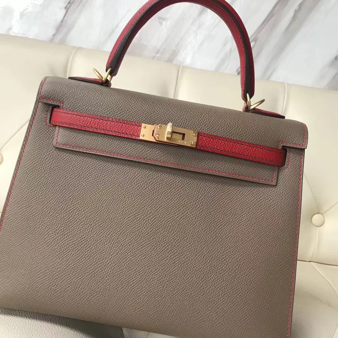 Discount Hermes Epsom Calf Kelly25CM Bag in CK18 Etoupe Grey &#038; Q5 Rouge Casaque