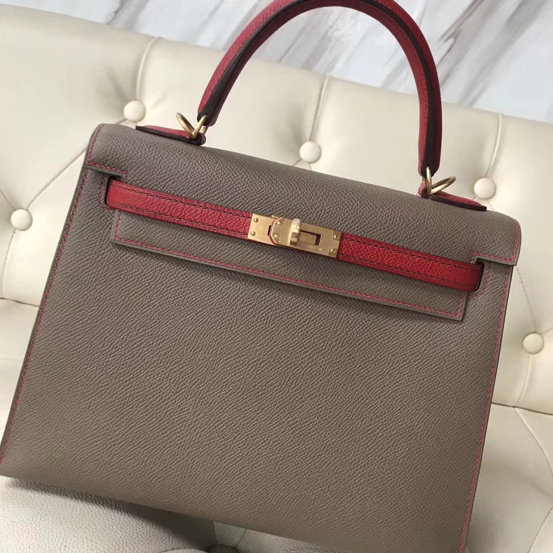 Discount Hermes Epsom Calf Kelly25CM Bag in CK18 Etoupe Grey &#038; Q5 Rouge Casaque