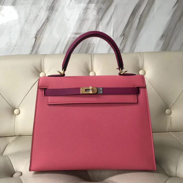 Hermes 8W Rose Azalee & L3 Rose Purple Epsom Calf Kelly Bag 25CM Gold Hardware