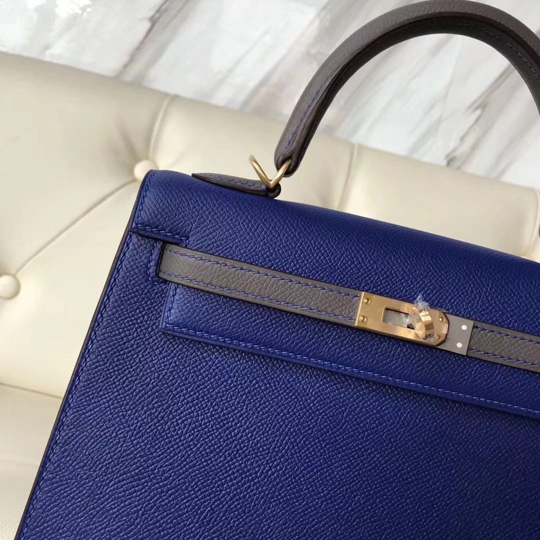 Luxury Hermes 7T Blue Electric/8F Etain Grey Epsom Calf Kelly25CM Bag Gold Hardware