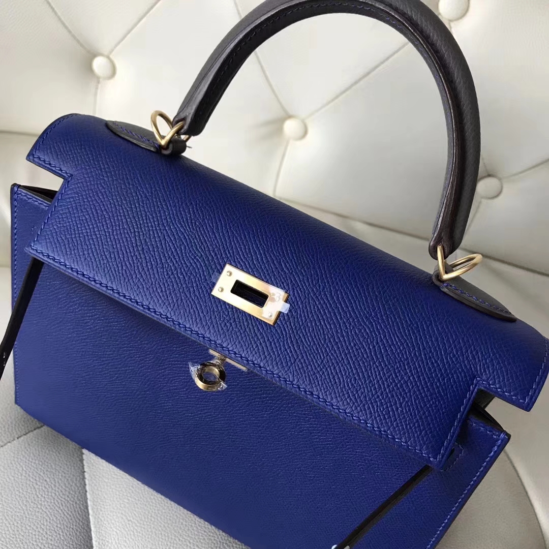 Luxury Hermes 7T Blue Electric/8F Etain Grey Epsom Calf Kelly25CM Bag Gold Hardware