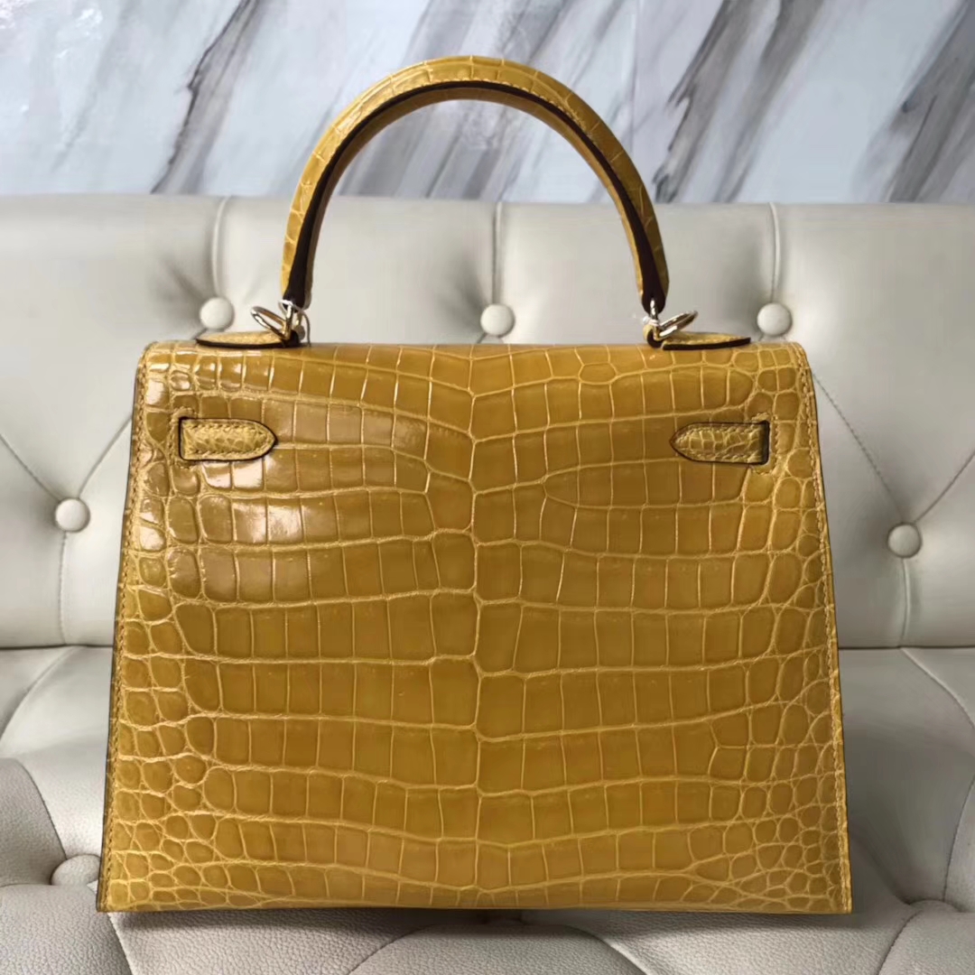 Fashion Hermes 9D Ambre Yellow Shiny Nilo Crocodile Kelly25CM Tote Bag Gold Hardware