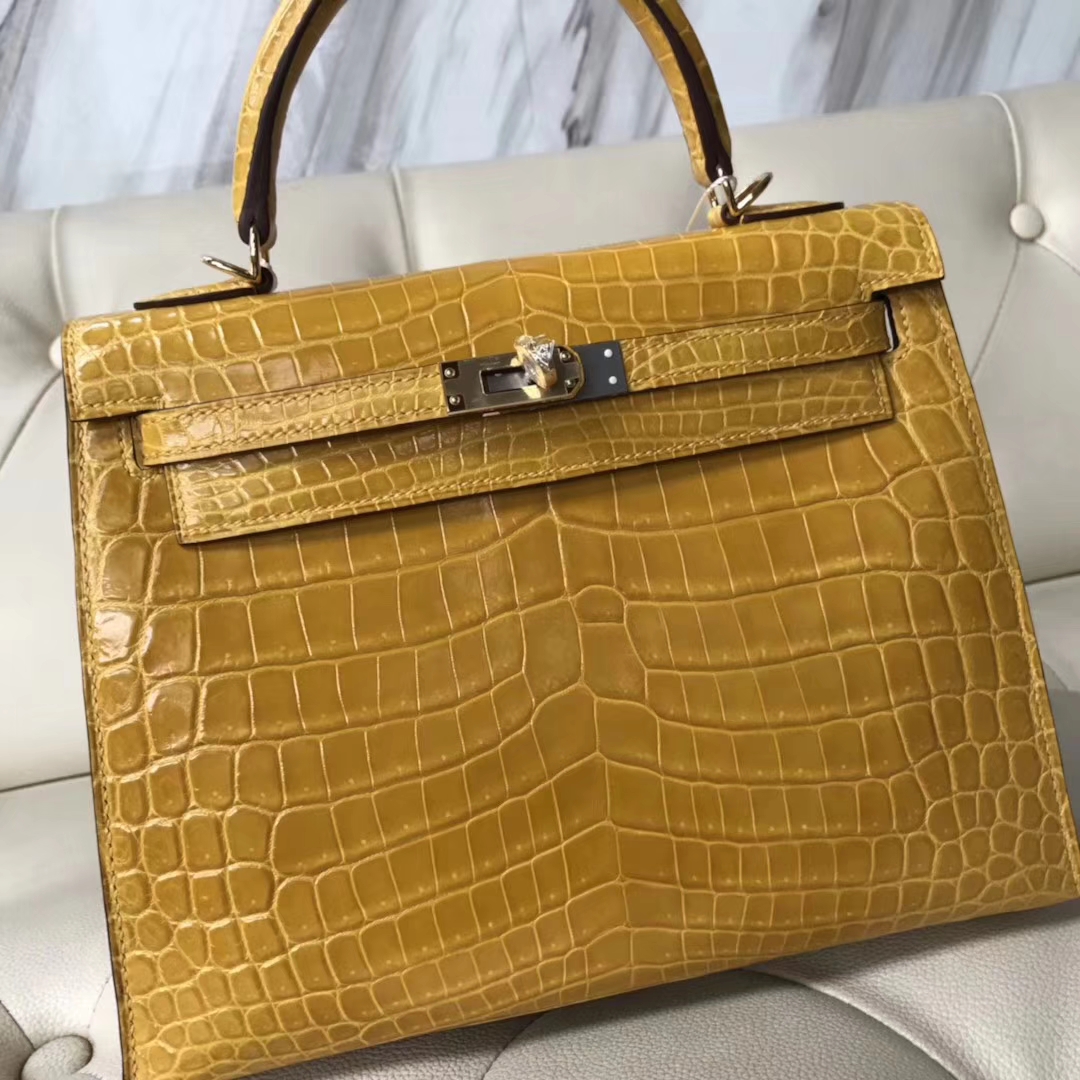 Fashion Hermes 9D Ambre Yellow Shiny Nilo Crocodile Kelly25CM Tote Bag Gold Hardware