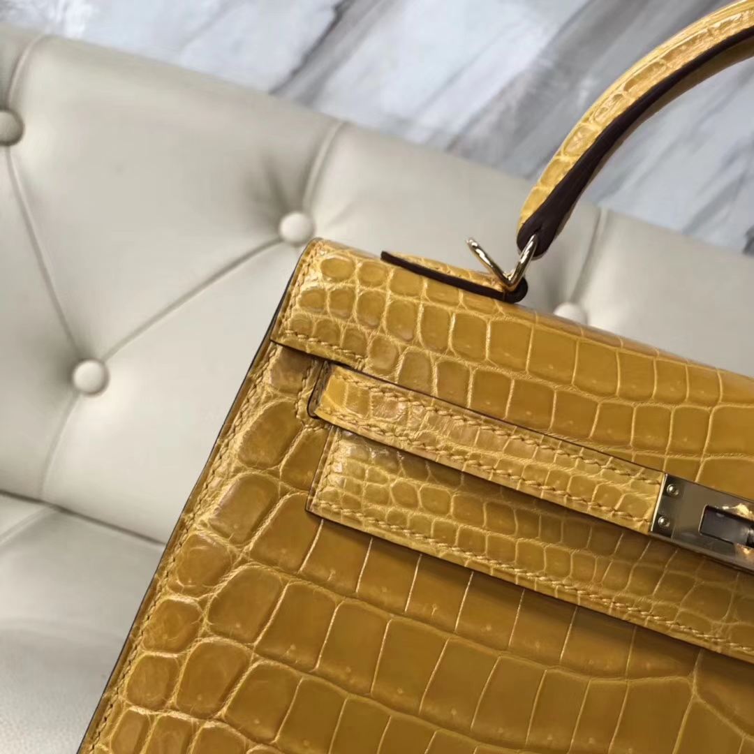 Fashion Hermes 9D Ambre Yellow Shiny Nilo Crocodile Kelly25CM Tote Bag Gold Hardware