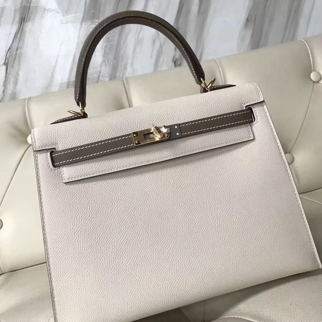 Discount Hermes CK10 Craie/CK18 Etoupe Grey Epsom Calf Kelly25CM Bag Gold Hardware