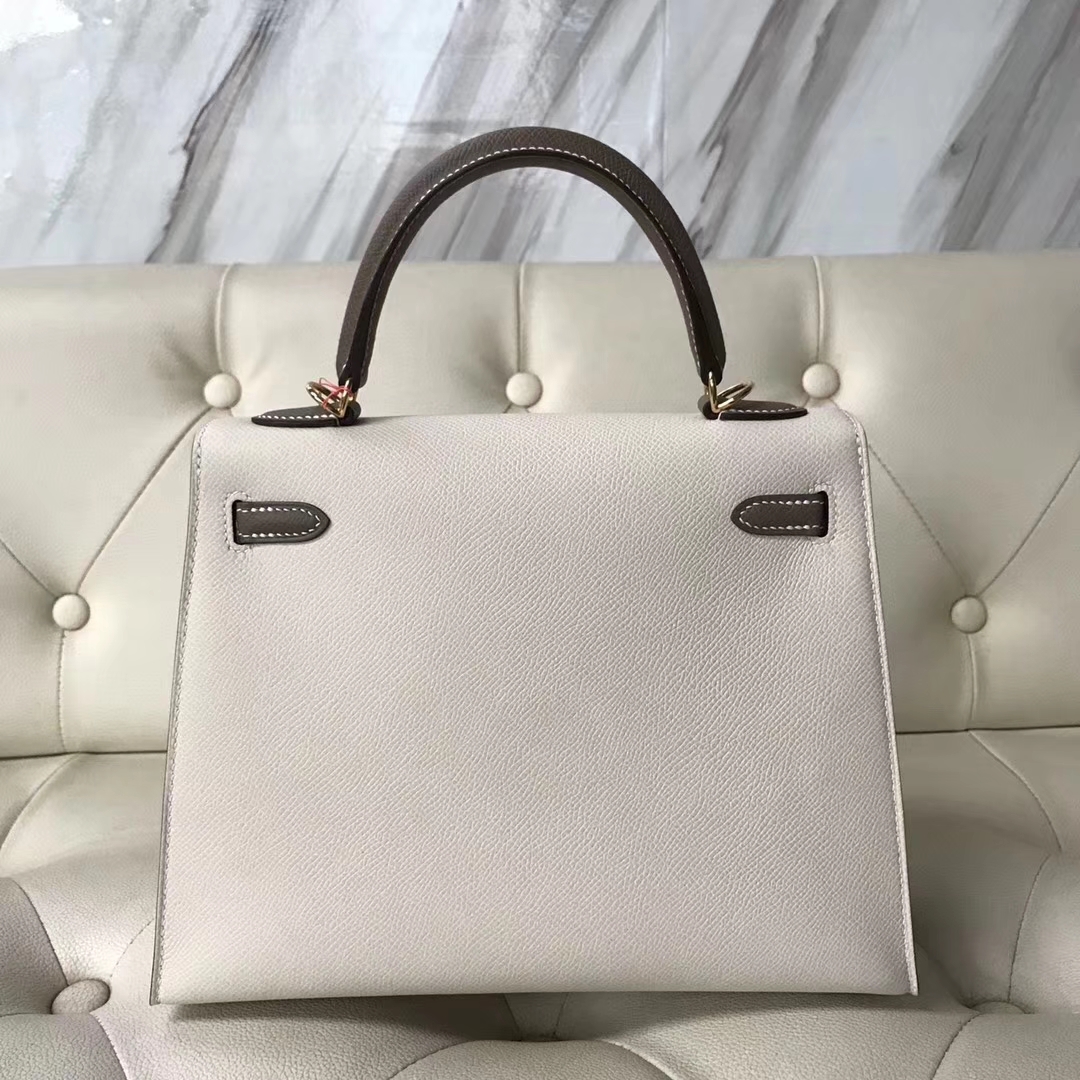 Discount Hermes CK10 Craie/CK18 Etoupe Grey Epsom Calf Kelly25CM Bag Gold Hardware