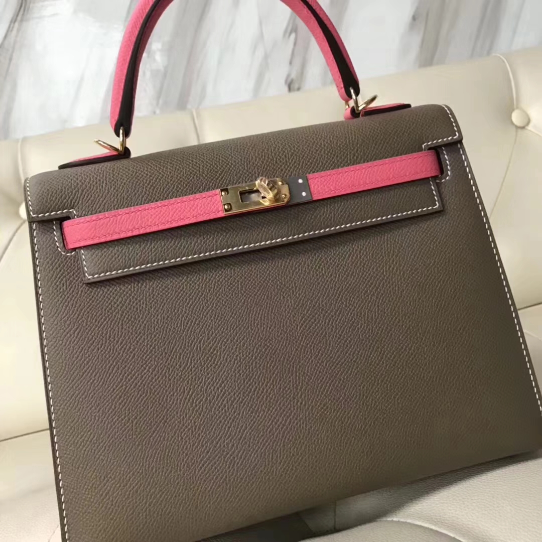 Discount Hermes CK18 Etoupe Grey/8W Rose Azalee Epsom Calf Kelly25CM Bag Gold Hardware