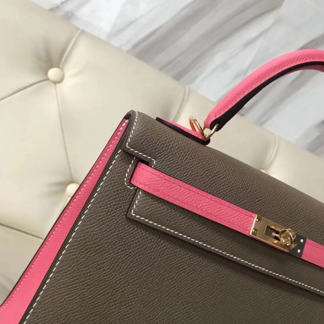 Discount Hermes CK18 Etoupe Grey/8W Rose Azalee Epsom Calf Kelly25CM Bag Gold Hardware