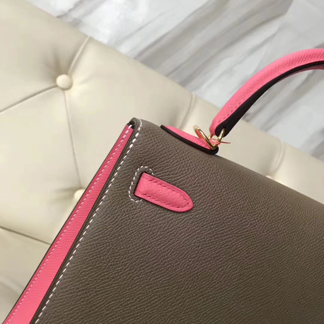 Discount Hermes CK18 Etoupe Grey/8W Rose Azalee Epsom Calf Kelly25CM Bag Gold Hardware