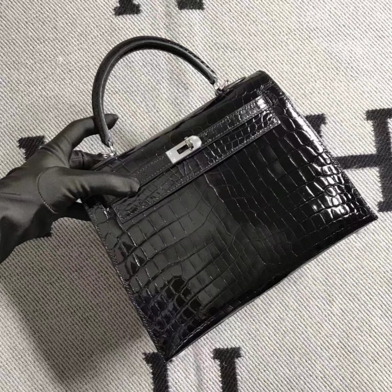 Hermes Shiny Crocodile Leather Kelly 25CM Bag in CK89 Black Silver Hardware