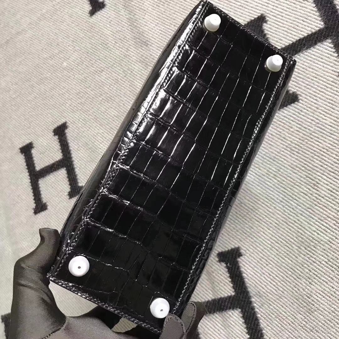 Elegant Hermes Shiny Crocodile Leather Kelly25CM Bag in CK89 Black Silver Hardware