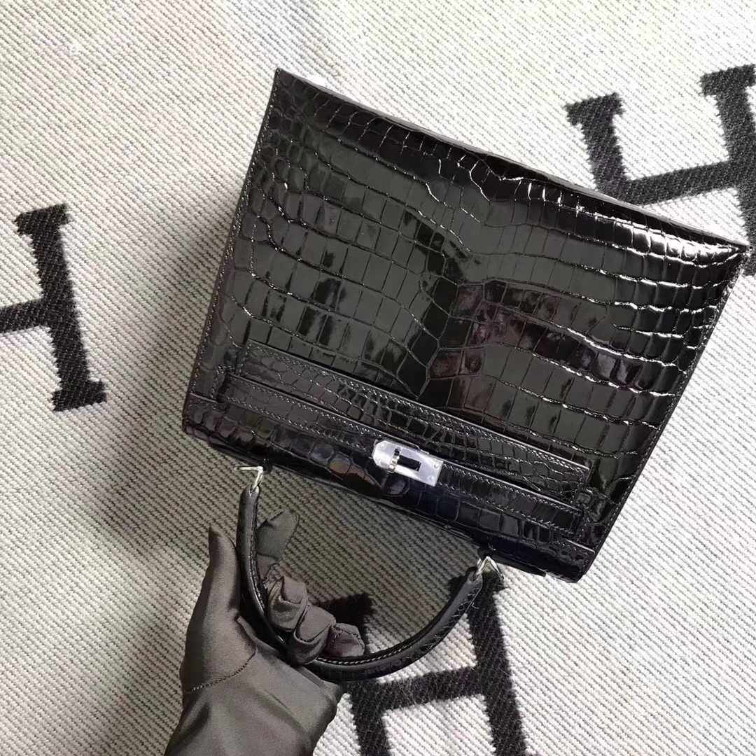 Elegant Hermes Shiny Crocodile Leather Kelly25CM Bag in CK89 Black Silver Hardware
