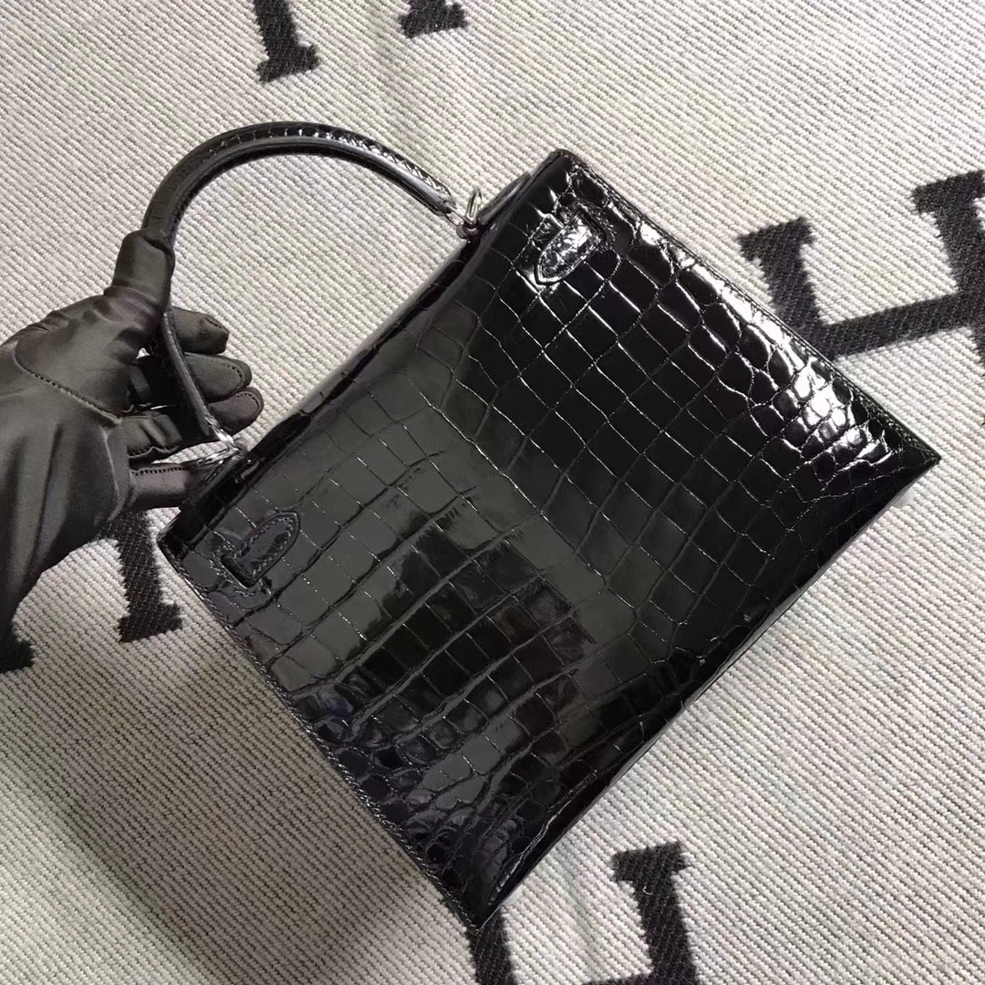 Elegant Hermes Shiny Crocodile Leather Kelly25CM Bag in CK89 Black Silver Hardware