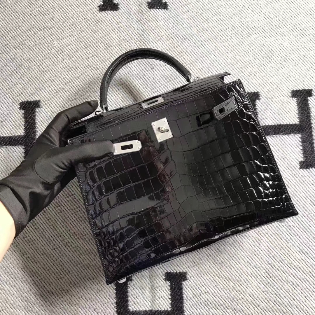 Elegant Hermes Shiny Crocodile Leather Kelly25CM Bag in CK89 Black Silver Hardware