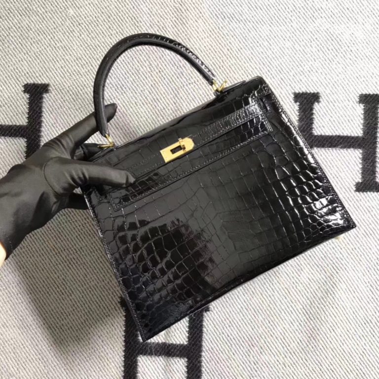 Hermes CK89 Black Shiny Crocodile Kelly Bag 25CM Gold Hardware