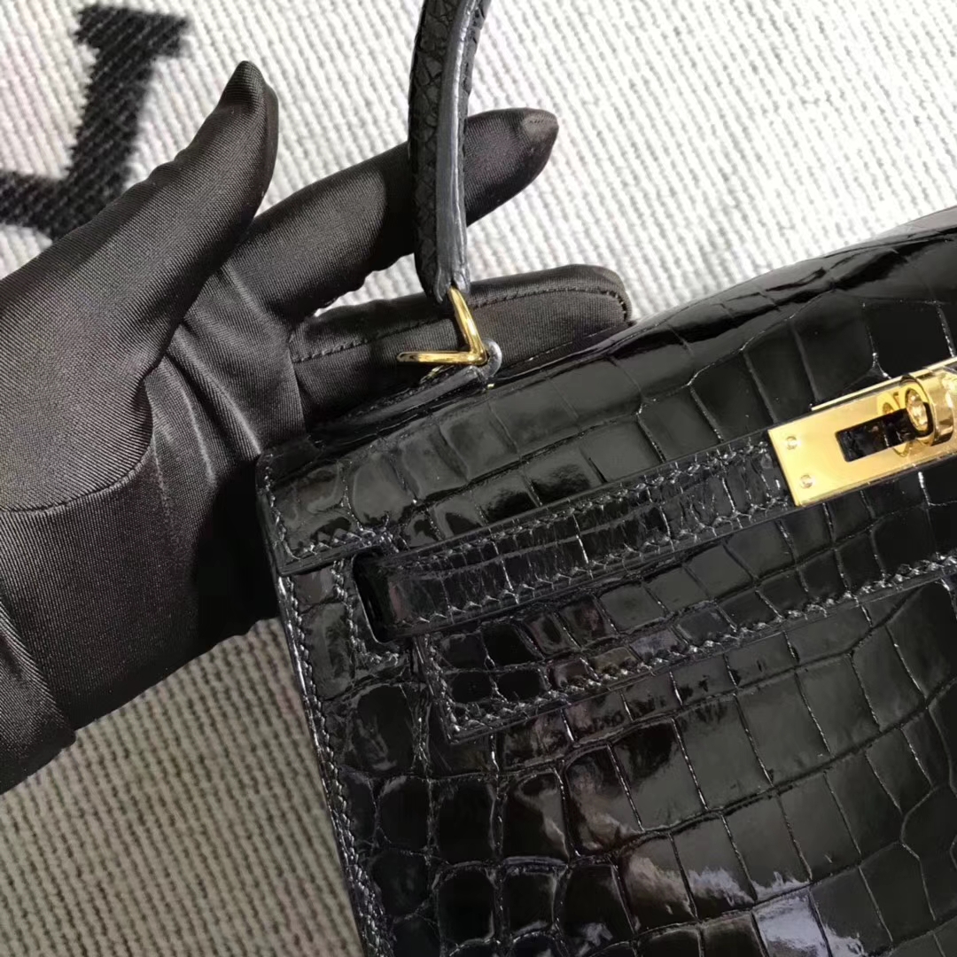 Wholesale Hermes CK89 Black Shiny Crocodile Kelly Bag25CM Gold Hardware