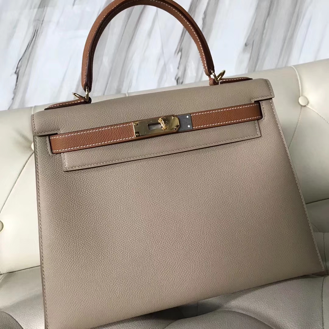 New Hermes S2 Trench Grey/CK37 Gold Epsom Calf Kelly25CM Bag Gold Hardware