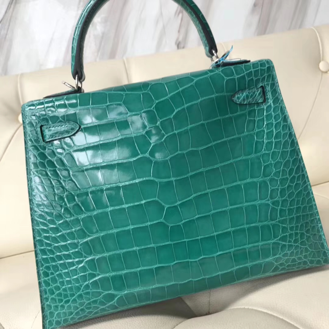 Luxury Hermes 6Q Emerald Green Shiny Crocodile Kelly25CM Bag Silver Hardware