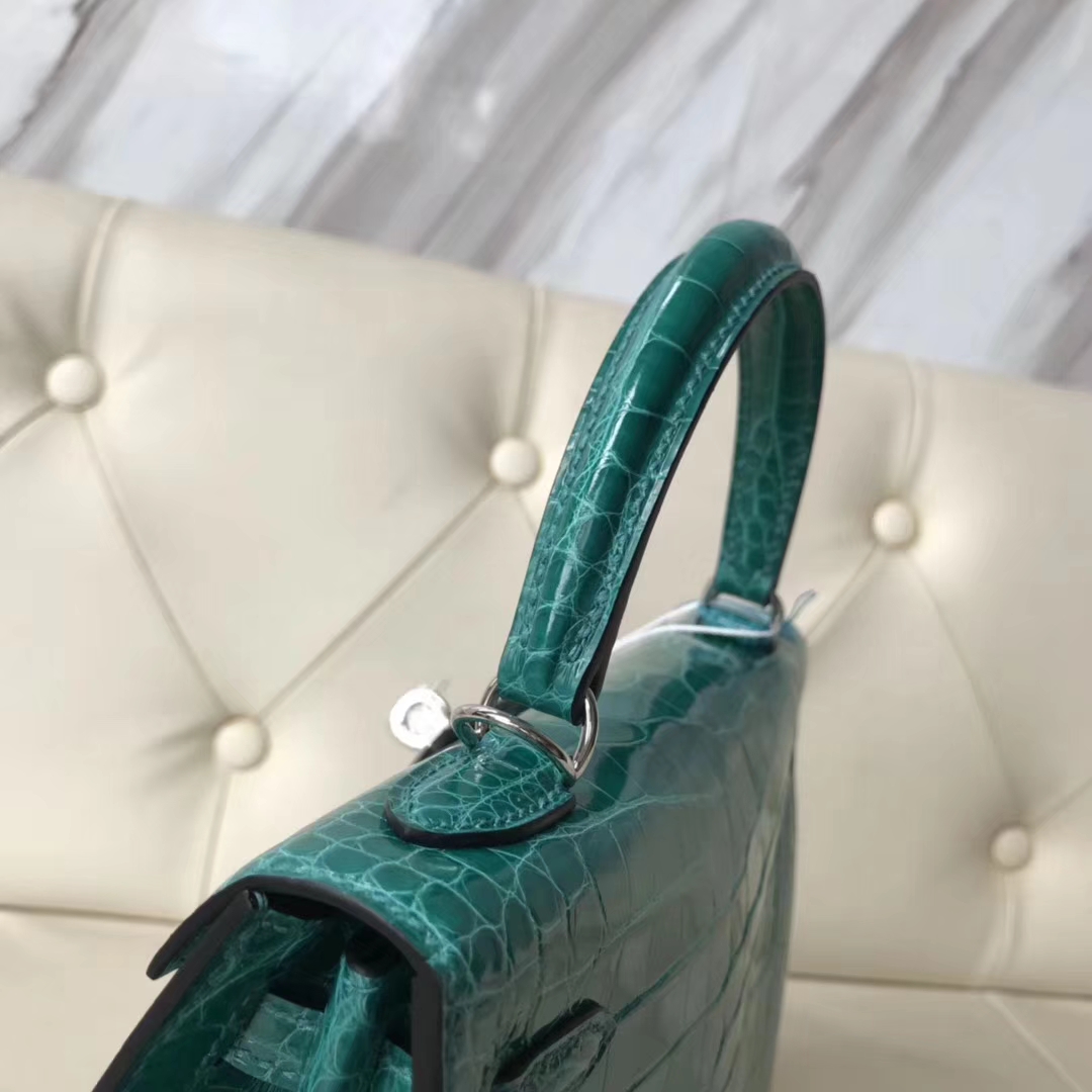 Luxury Hermes 6Q Emerald Green Shiny Crocodile Kelly25CM Bag Silver Hardware