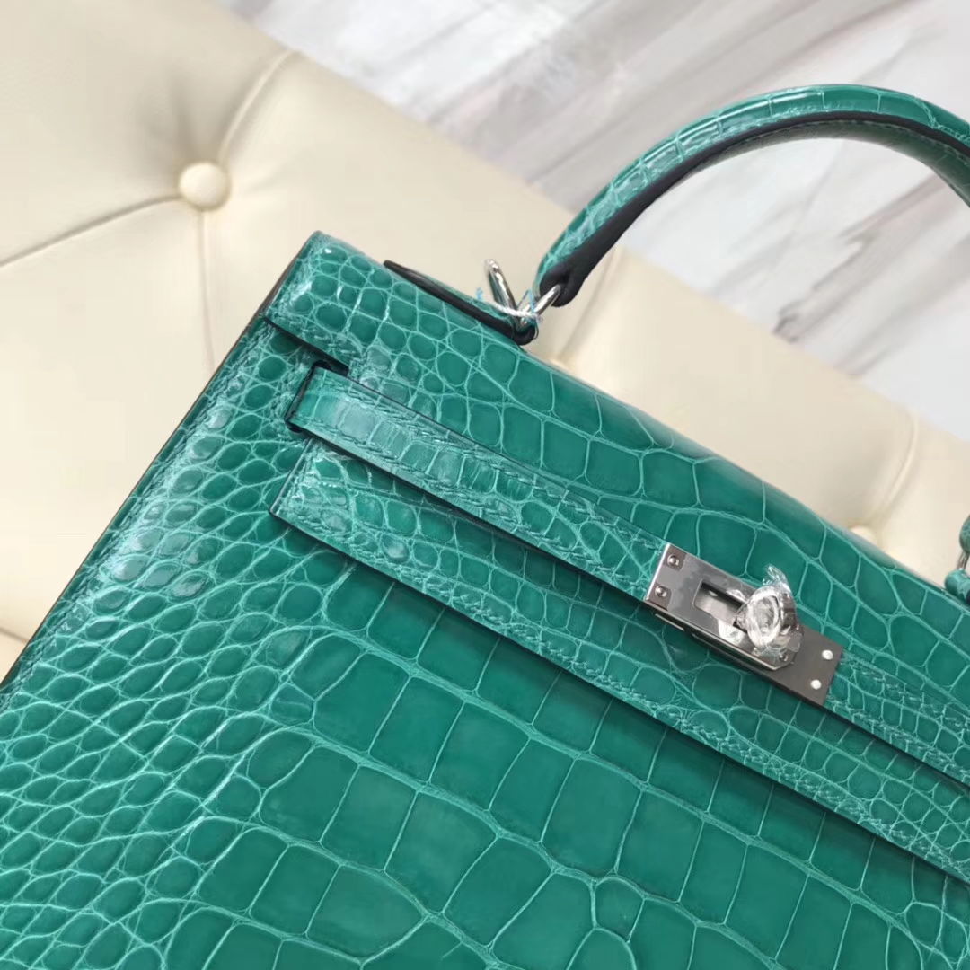 Luxury Hermes 6Q Emerald Green Shiny Crocodile Kelly25CM Bag Silver Hardware