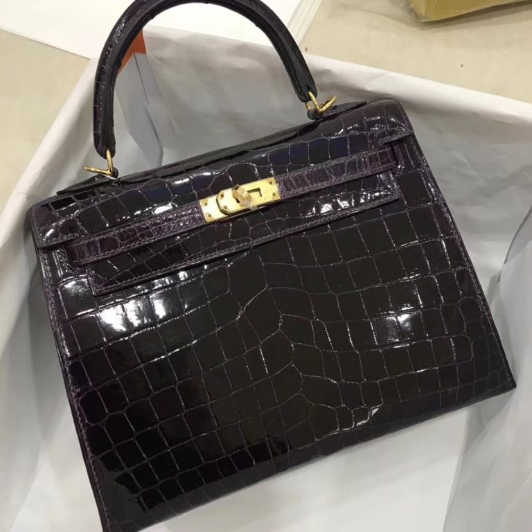 Hermes 9G Amethyst Purple Shiny Crocodile Kelly 25CM Bag Gold Hardware