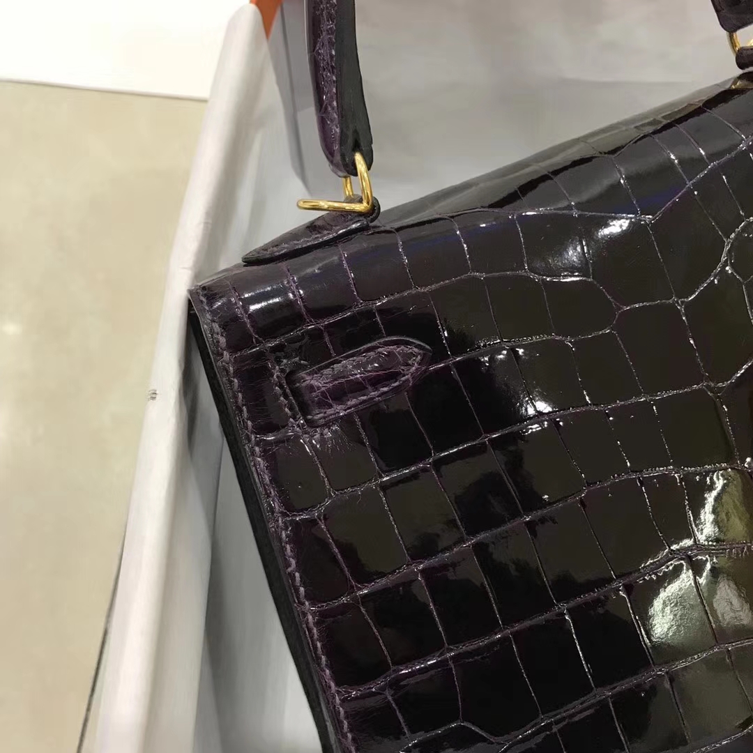 Noble Hermes 9G Amethyst Purple Shiny Crocodile Kelly25CM Bag Gold Hardware